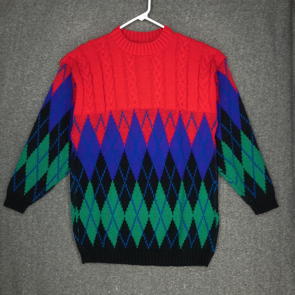 Vintage Cuddle Knit Sweater Women's Size S Primary Colors Argyle Made in USA